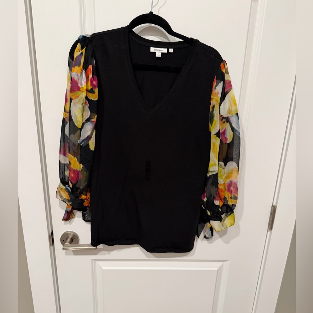 Chico's Black Blouse with Floral Sheer Sleeves